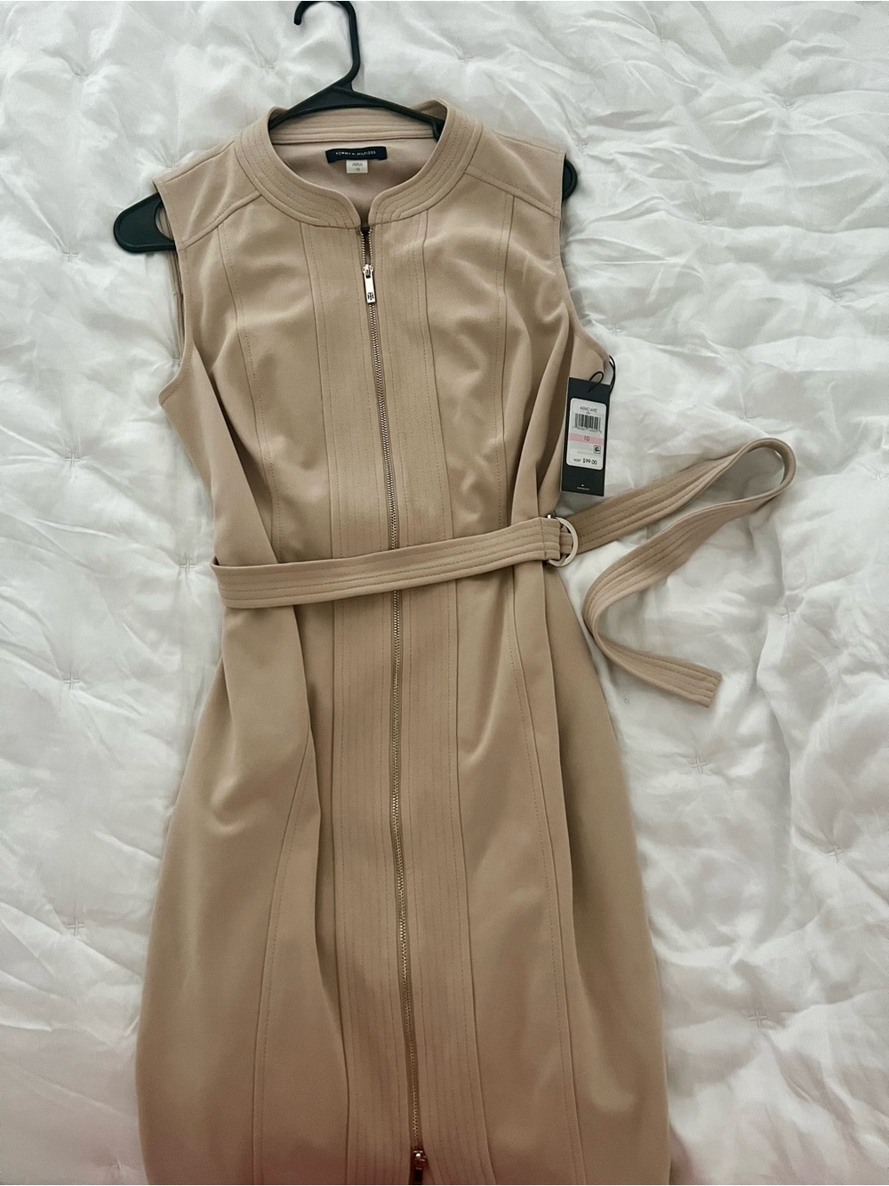 Tommy Hilfiger Beige Sleeveless Zip-Front Midi Dress with Belt